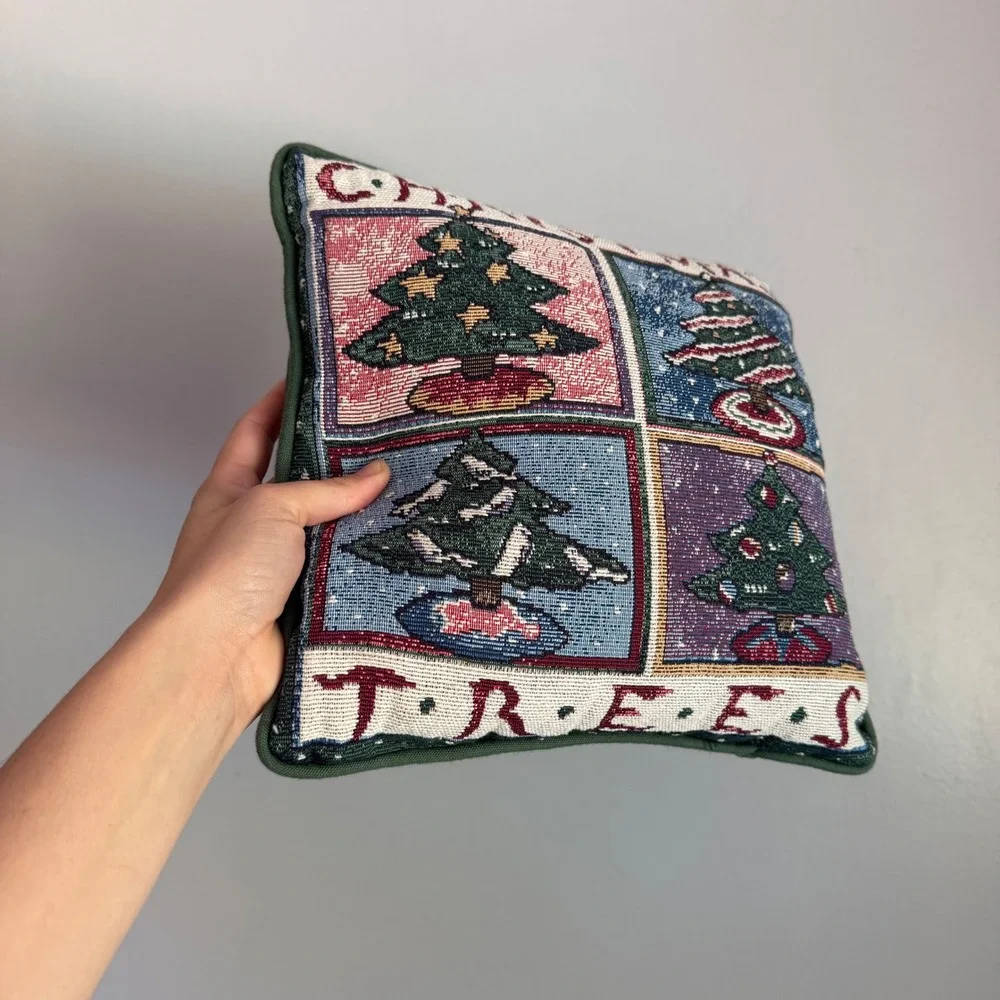 Vintage Christmas Trees Woven Tapestry Throw Pillow Green Holiday Decor 10.5in